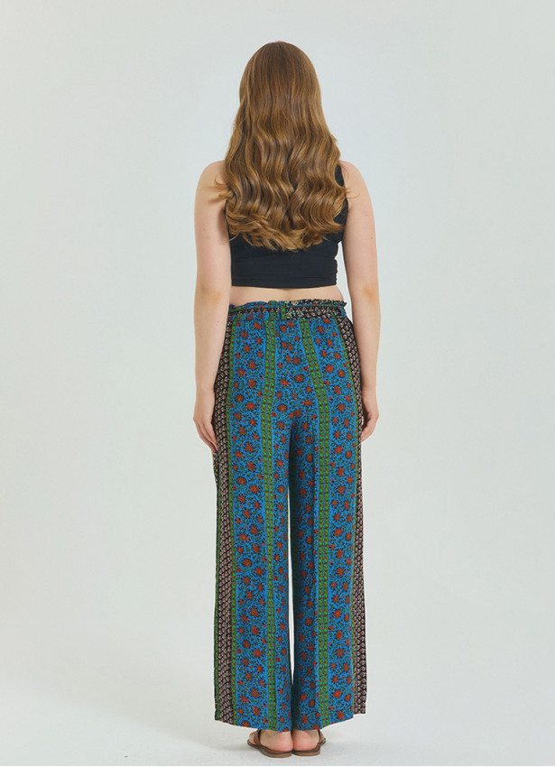 Navy Blue Women's Plus Size Trousers with Elastic Waist Belt Detail 4619